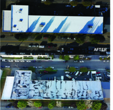 Before and after photo of Demgy Pacific commercial roof replacement in Tacoma, WA