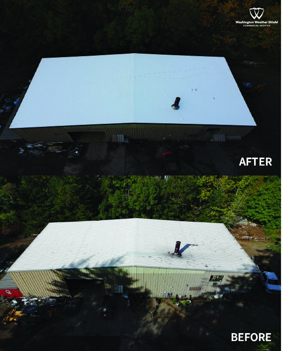 Before and after of commercial roof retrofit performed by Washington Weather Shield in Gig Harbor, WA