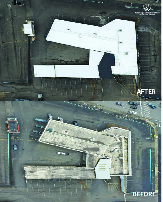 Before and after photo of Legend Auto Sales commercial roof tear-off and replacement in Puyallup, Washington